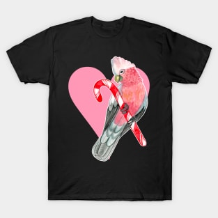 Galah Parrot on Candy Cane and Heart T-Shirt